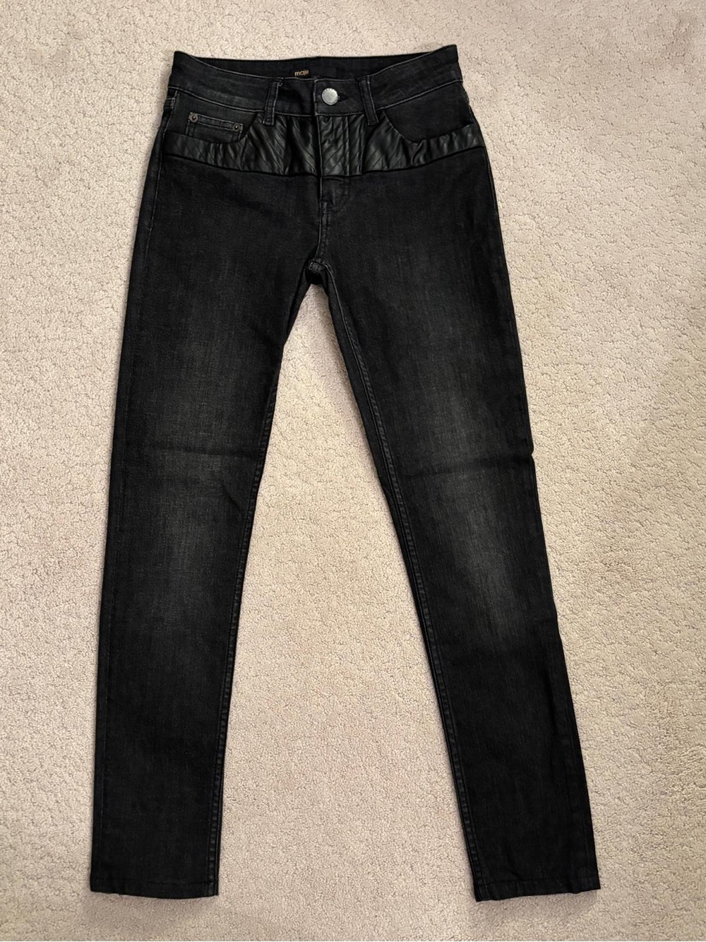 Maje Women’s Black Skinny Jeans with Faux-Leather Waist Detailing - Sz 35
